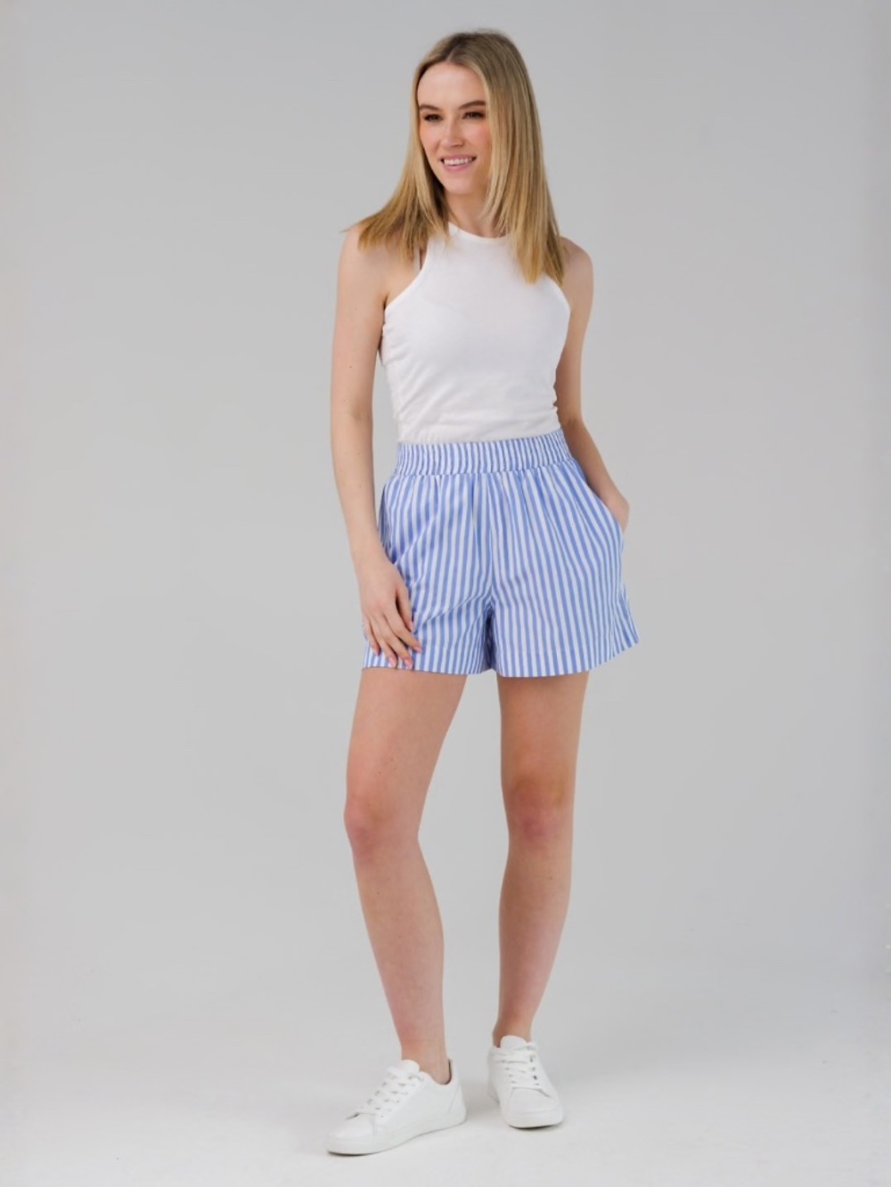 French Connection Cotton Striped Elasticated Waist Shorts in Blue Sz Medium